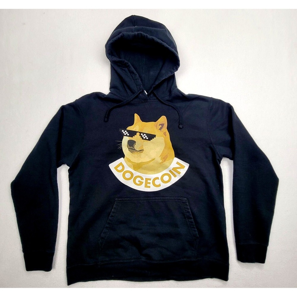 Dogecoin Hoodie Large Port & Company Fan Favorite Meme Sweatshirt Black Cool Dog